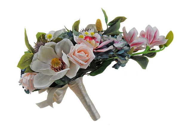 Brides Ivory Magnolia, Teal Hydrangea & Pink Orchid Wedding Shower Bouquet