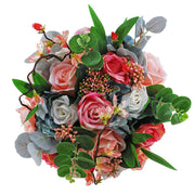 Brides Teal Silk Hydrangea, Pink, Ivory Rose & Cherry Blossom Wedding Bouquet