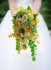 Brides Yellow Forsythia, Rose, Gerbera & Ivory Peony Wedding Shower Bouquet