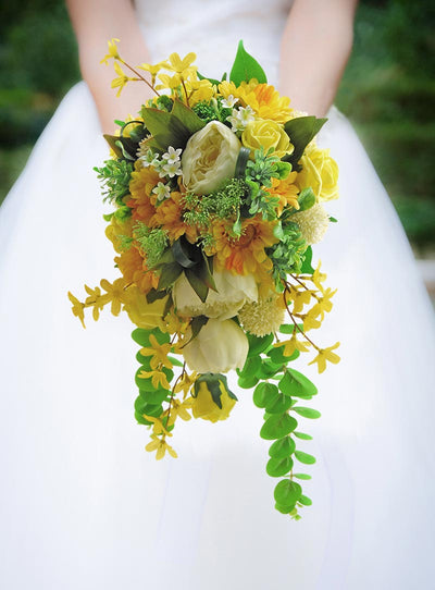 Brides Yellow Forsythia, Rose, Gerbera & Ivory Peony Wedding Shower Bouquet