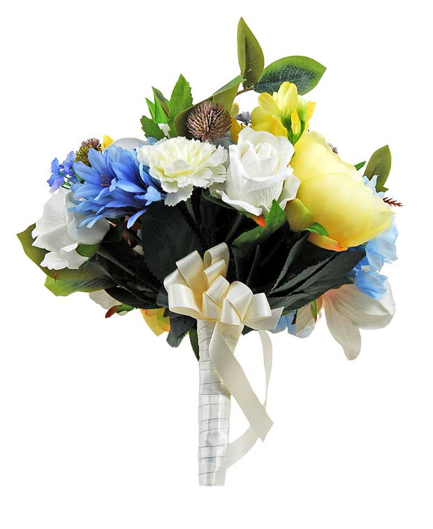 Brides Yellow Freesia, Ivory Magnolia, Carnation & Wild Blue Flower Wedding Bouquet