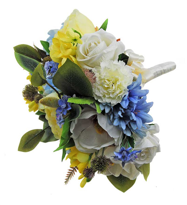 Brides Yellow Freesia, Ivory Magnolia, Carnation & Wild Blue Flower Wedding Bouquet