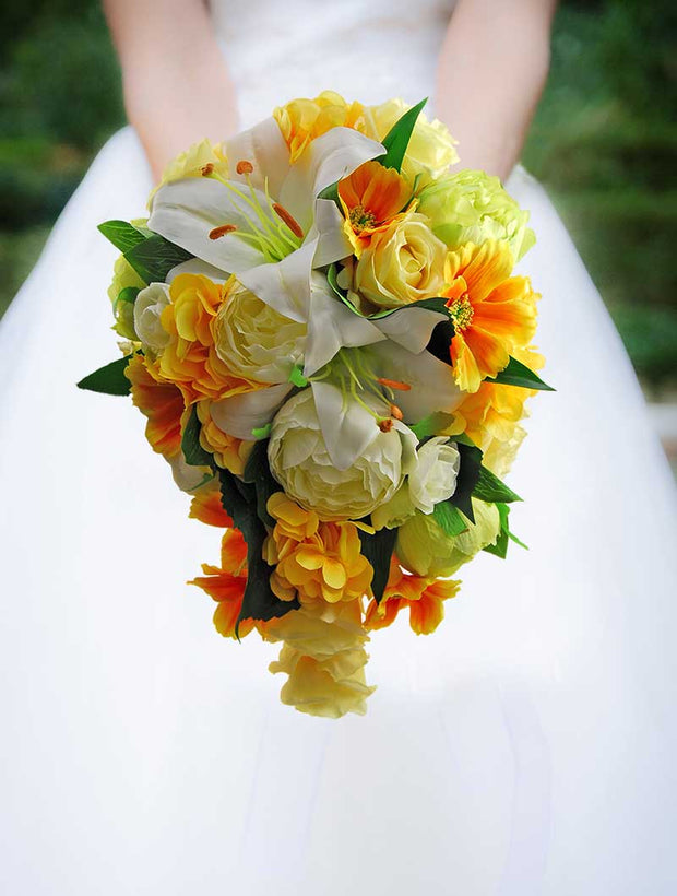 Brides Yellow Silk Hydrangea, Cosmos, Green Peony Wedding Shower Bouquet