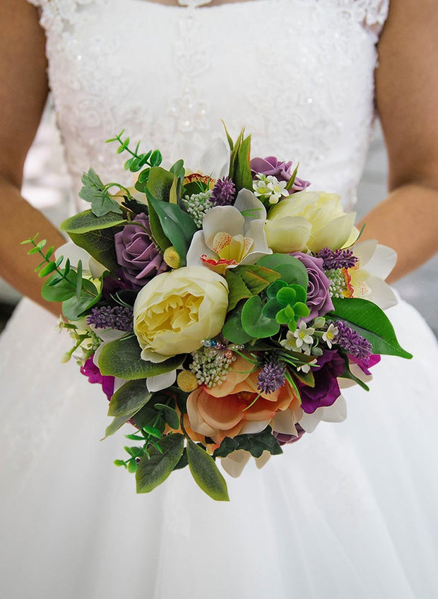 Brides Purple, Plum & Ivory Artificial Bouquet With Dragonfly
