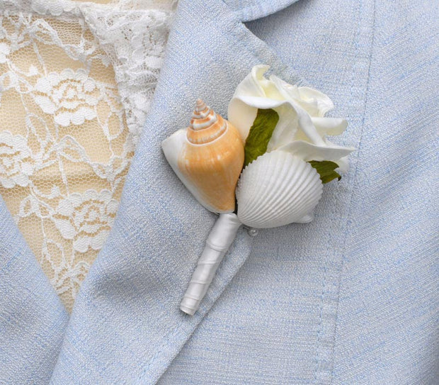 Ivory Foam Rose & Beach Seashell Wedding Guest Buttonhole