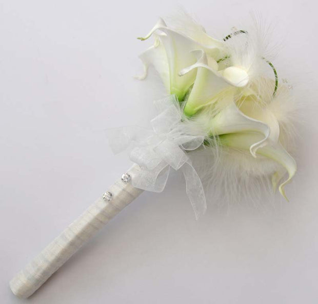 Bridesmaids Ivory Calla Lily, Crystal & Feather Wedding Bouquet