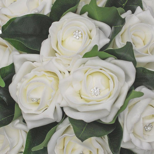 Bridesmaids Ivory Diamante Gem Rose & Leaf Wedding Bouquet
