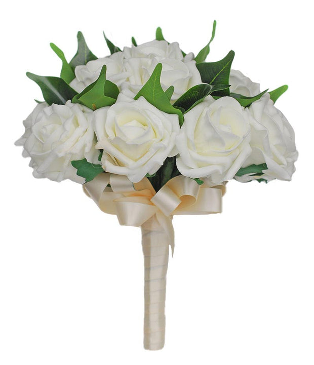 Bridesmaids Ivory Diamante Gem Rose & Leaf Wedding Bouquet