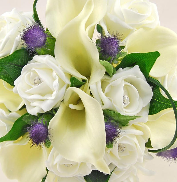 Bridesmaids Ivory Calla Lily, Diamante Rose & Thistle Wedding Bouquet