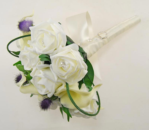 Bridesmaids Ivory Calla Lily, Diamante Rose & Thistle Wedding Bouquet