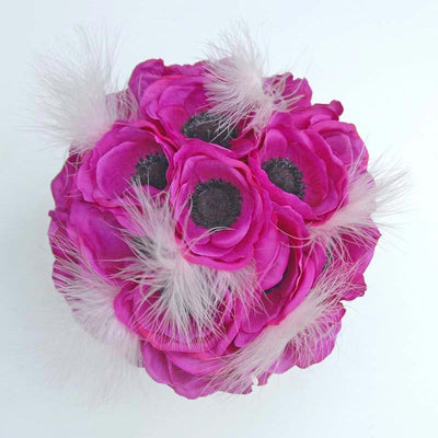 Bridesmaids Cerise Pink Silk Anemone & Feather Wedding Bouquet