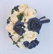 Bridesmaids Cream Diamante & Navy Blue Rose Crystal Wedding Posy