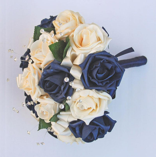Bridesmaids Cream Diamante & Navy Blue Rose Crystal Wedding Posy