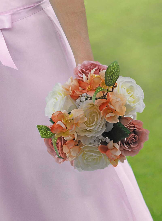 Brides Dusky Pink Silk Rose, Blush Coral Cherry Blossom & Ivory Roses Large Wedding Bouquet