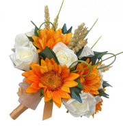 Bridesmaids Golden Silk Sunflower, Wheat & Ivory Rose Wedding Posy