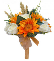 Bridesmaids Golden Silk Sunflower, Wheat & Ivory Rose Wedding Posy
