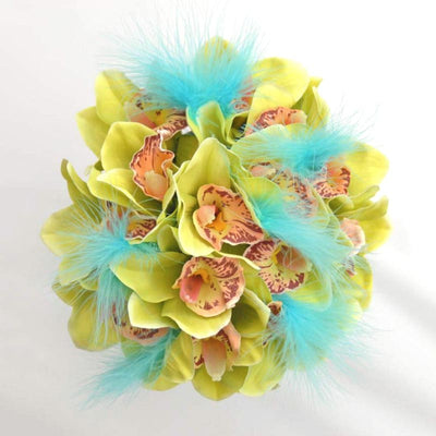 Bridesmaids Green Silk Orchid & Turquoise Feather Wedding Bouquet