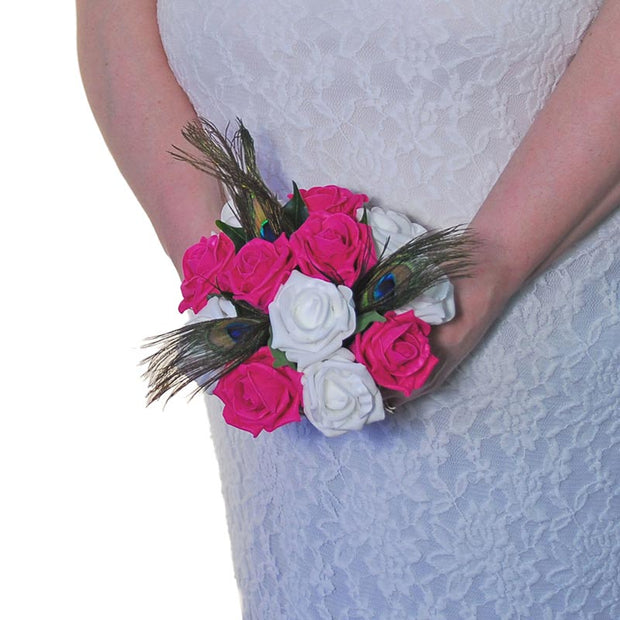 Bridesmaids Cerise White Rose & Peacock Feather Wedding Bouquet