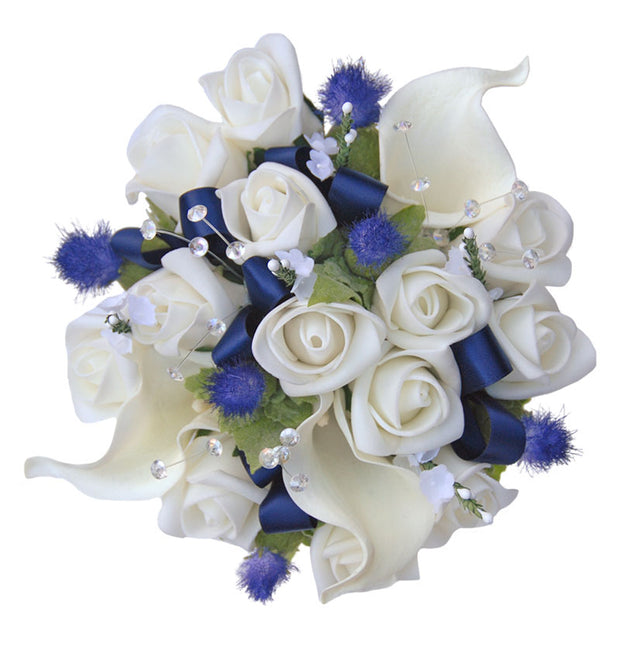 Brides Ivory Calla Lily, Rose & Blue Thistle Wedding Bouquet