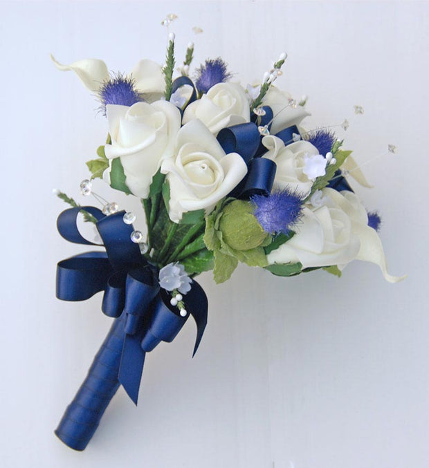 Bridesmaids Ivory Calla Lily, Rose & Blue Thistle Wedding Posy