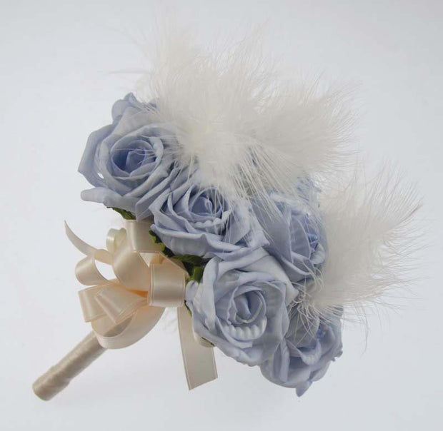 Bridesmaids Ivory Feather & Light Blue Rose Wedding Posy