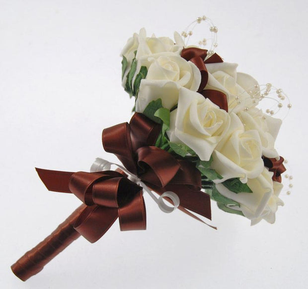 Bridesmaids Ivory Rose, Pearl & Chocolate Bow Wedding Posy