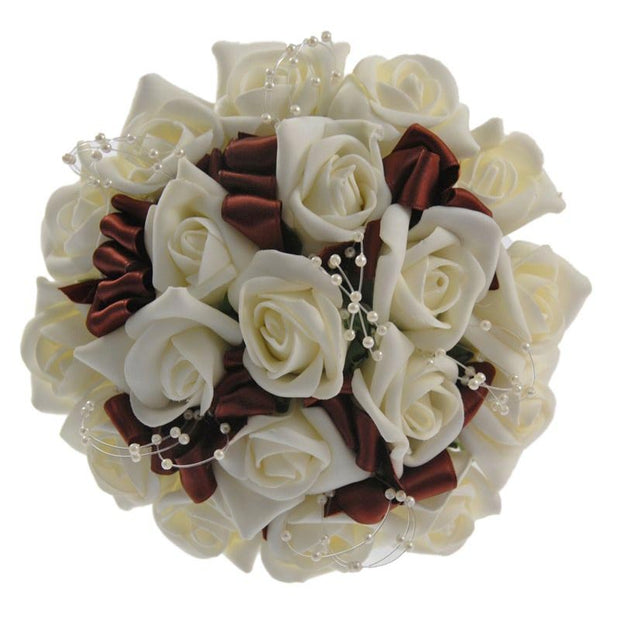 Bridesmaids Ivory Rose, Pearl & Chocolate Bow Wedding Posy