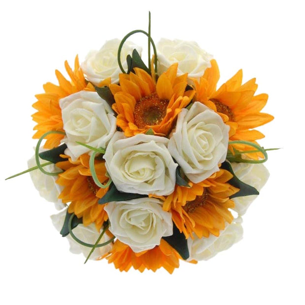Bridesmaids Ivory Rose & Golden Silk Sunflower Posy Bouquet