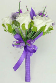 Bridesmaids Ivory Rose & Purple silk Heather Crystal Wedding Bouquet