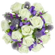 Bridesmaids Ivory Rose & Purple silk Heather Crystal Wedding Bouquet