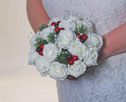 Bridesmaids Ivory Rose, Spruce, Berry & Crystal Wedding Posy