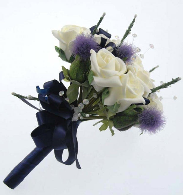 Bridesmaids Ivory Rose Thistle Heather & Navy Blue Ribbon Posy