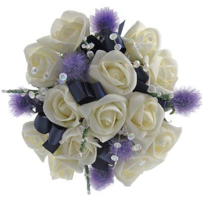 Bridesmaids Ivory Rose Thistle Heather & Navy Blue Ribbon Posy