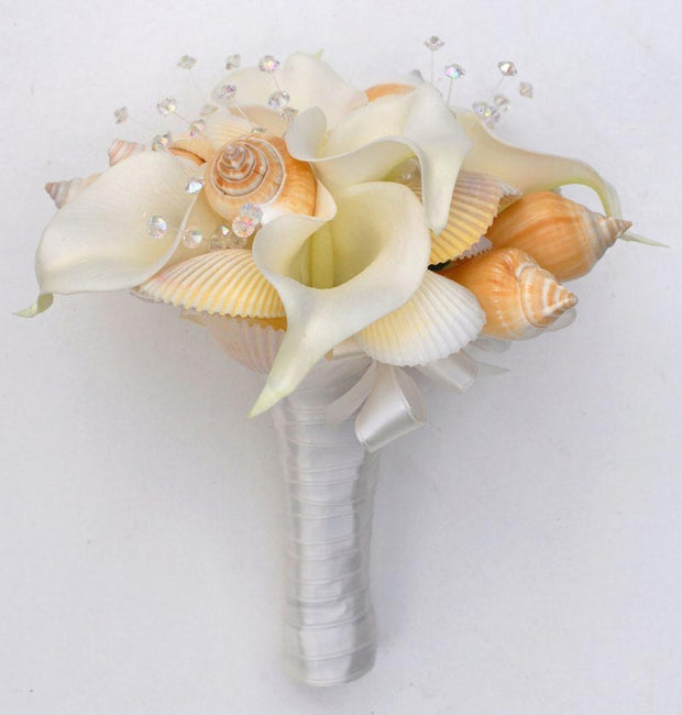 Bridesmaids Ivory Calla Lily, Crystal & Beach Seashell Wedding Posy