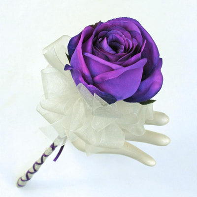 Large Purple Silk Rose Ivory Organza Ribbon Flower Girl Wedding Wand