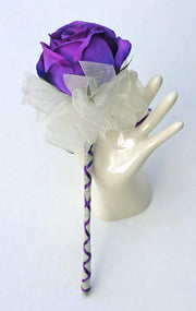 Large Purple Silk Rose Ivory Organza Ribbon Flower Girl Wedding Wand