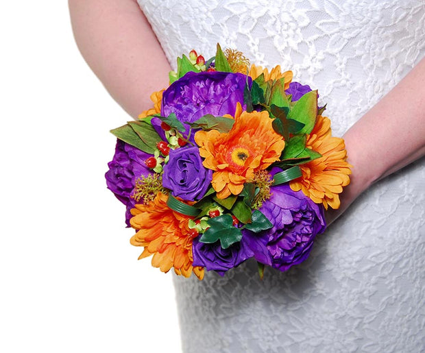 Bridesmaids Orange Silk Gerbera, Purple Peony Rose Wedding Posy