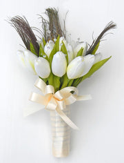 Bridesmaids Peacock Feather, Ivory Tulip & Crystal Wedding Posy Bouquet
