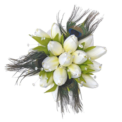 Bridesmaids Peacock Feather, Ivory Tulip & Crystal Wedding Posy Bouquet