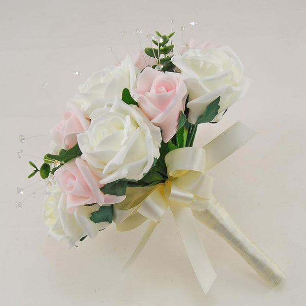 Bridesmaids Pink, Ivory Foam Rose & Crystal Wedding Posy