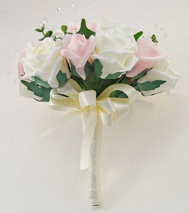 Bridesmaids Pink, Ivory Foam Rose & Crystal Wedding Posy