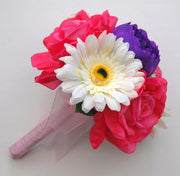 Bridesmaids Pink Rose, Purple Peony & Ivory Gerbera Wedding Posy