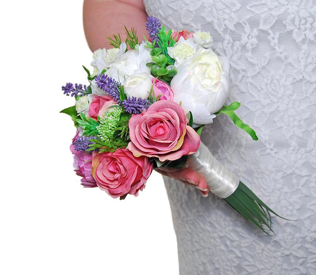 Bridesmaids Pink, Ivory Peony, Rose & Lavender Wedding Bouquet