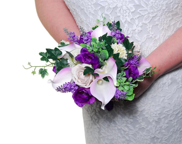 Bridesmaids Purple Silk Freesia & Pink Ivory Calla Lilly Wedding Bouquet