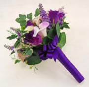 Bridesmaids Purple Silk Freesia & Pink Ivory Calla Lilly Wedding Bouquet