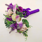 Bridesmaids Purple Silk Freesia & Pink Ivory Calla Lilly Wedding Bouquet