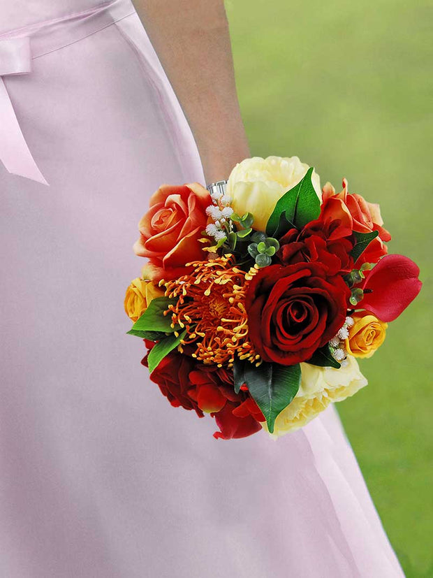 Brides Red Calla Lily, Hydrangea, Lemon Peony & Mustard Rose Wedding Bouquet