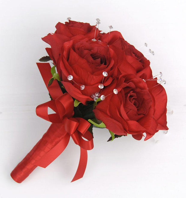 Bridesmaids Large Red Silk Rose & Crystal Wedding Bouquet
