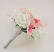 Bridesmaids Pink Orchid & Ivory Rose Crystal Wedding Bouquet