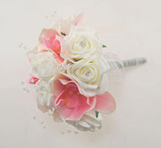 Bridesmaids Pink Orchid & Ivory Rose Crystal Wedding Bouquet